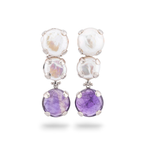 925 Silver Earrings Made in ITALY with River Pearls and Amethyst Stones