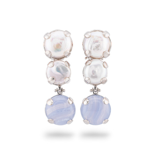 925 Silver Earrings Made in ITALY with River Pearls and Chalcedony Stones