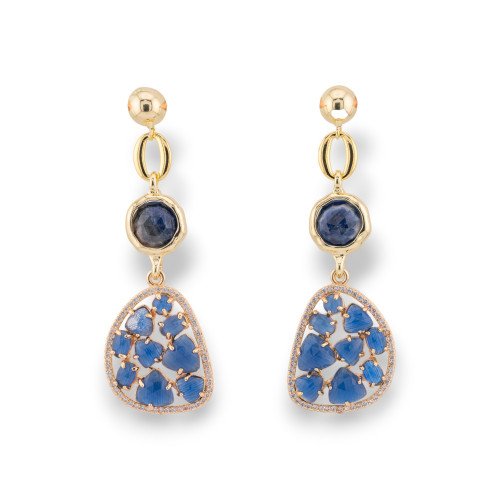 Boucles D'oreilles Puces En Bronze Avec Oeil De Chat Serti Et Zircons Dorés Bleus