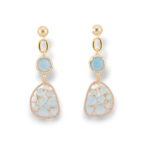 Boucles d'oreilles clous en bronze avec oeil de chat intégré et zircons dorés bleu clair