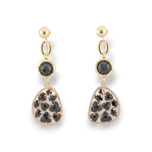 Bronze Stud Earrings With Cat's Eye Set And Black Gold Zircons