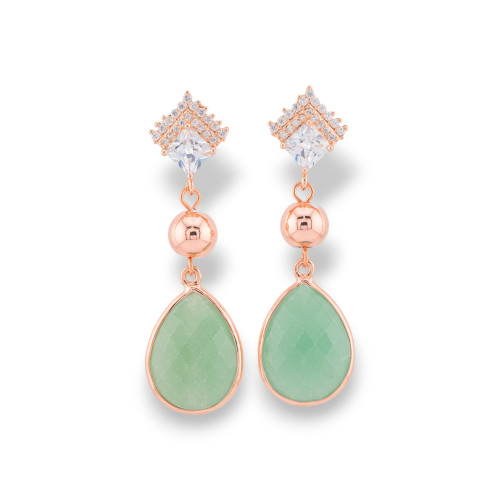 Boucles d'oreilles clous en bronze avec zircons et pierres semi-précieuses serties sur aventurine or rose