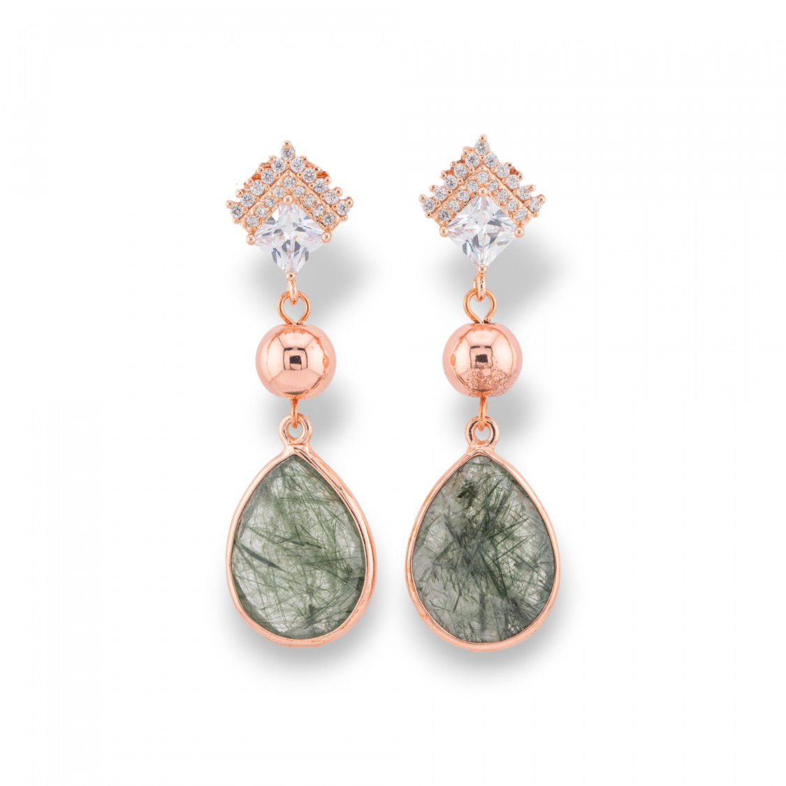 Orecchini Perno Di Bronzo Con Zirconi e Pietre Dure Incastonate Oro Rosa Rutilato Verde-BRONZO CRYSTAL | Worldofjewel.com