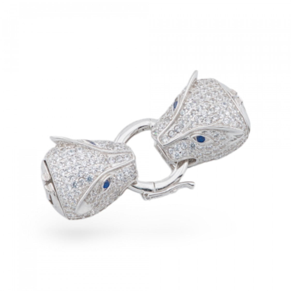 Chiusura Di Argento 925 Con Zirconi Testa Pantera Doppio Con Anello Centrale 13x39mm 1pz Rodiato Blu-CHIUSURE DI ARGENTO | Worldofjewel.com