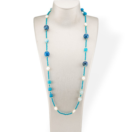 Charlestone Bijoux Necklace Of CZ Crystals With Hard Stones And River Pearls With Hematite 90cm Blue Agate