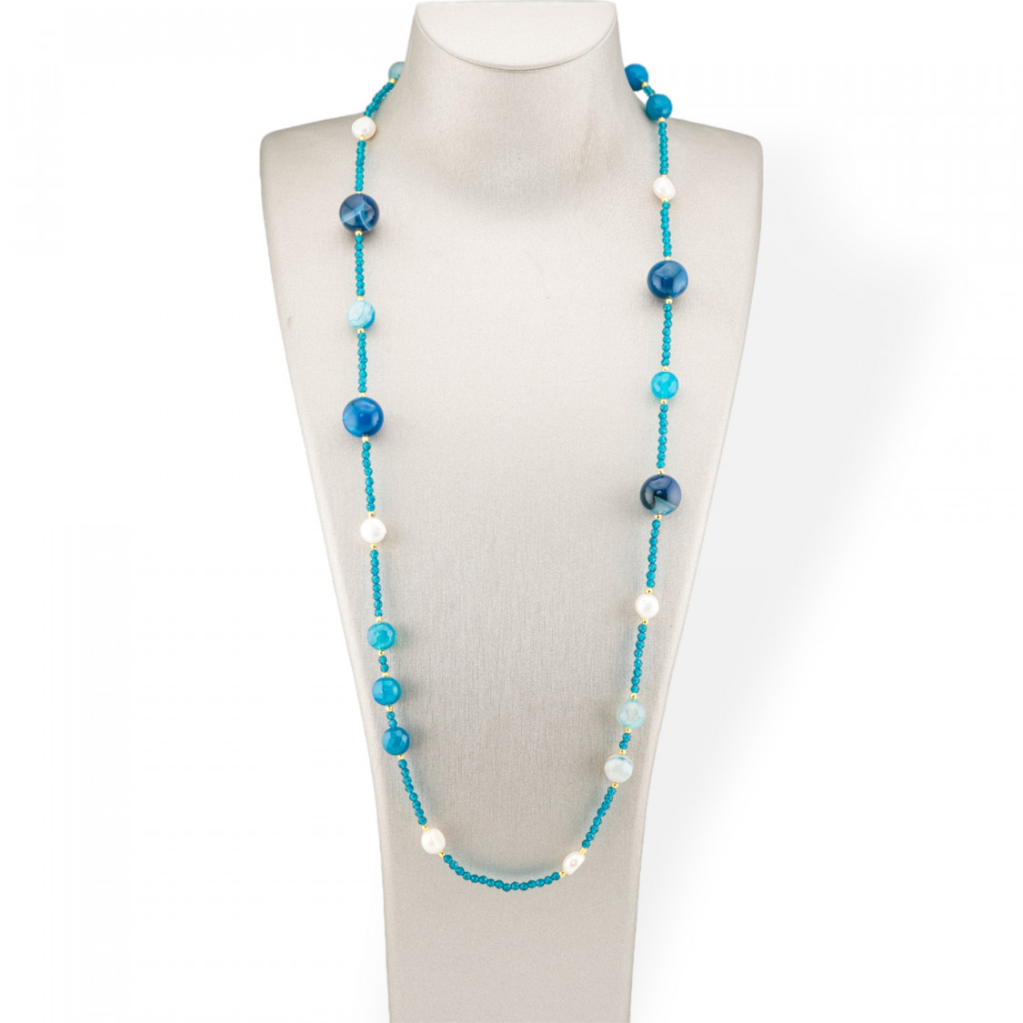 Collana Bijoux Charlestone Di Cristalli CZ Con Pietre Dure E Perle Di Fiume Con Ematite 90cm Agata Blu-DESIGN ITALY | Worldofjewel.com