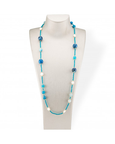 Collana Bijoux Charlestone Di Cristalli CZ Con Pietre Dure E Perle Di Fiume Con Ematite 90cm Agata Blu-DESIGN ITALY | Worldofjewel.com