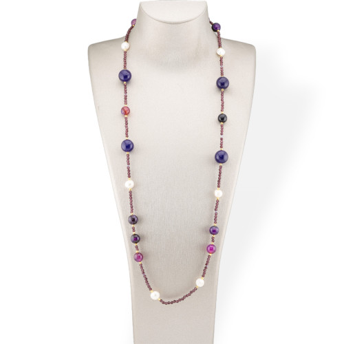 Charlestone Bijoux Necklace Of CZ Crystals With Hard Stones And River Pearls With Hematite 90cm Purple Agate