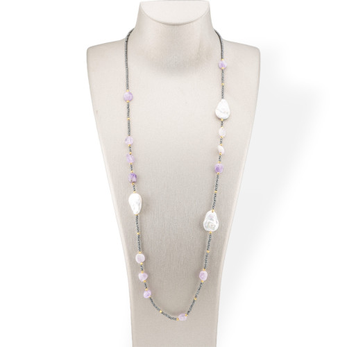 Charlestone Hematite Bijoux Necklace With Flat Baroque River Pearls And 90cm Amethyst Gemstones