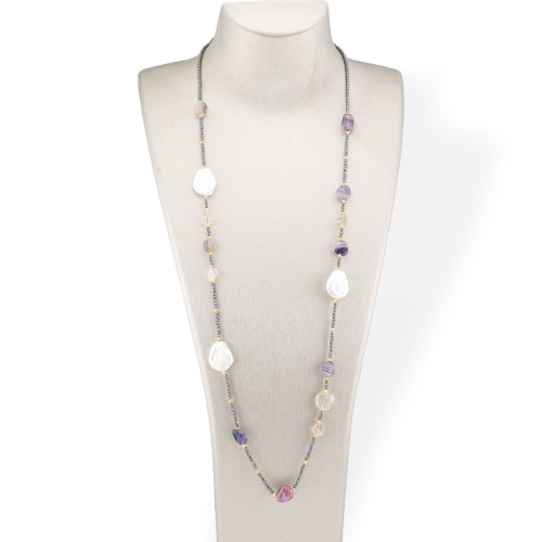 Κολιέ Bijoux Charleston Αιματίτη με Flat Baroque River Pearls και ημιπολύτιμες πέτρες φθορίτη 90cm