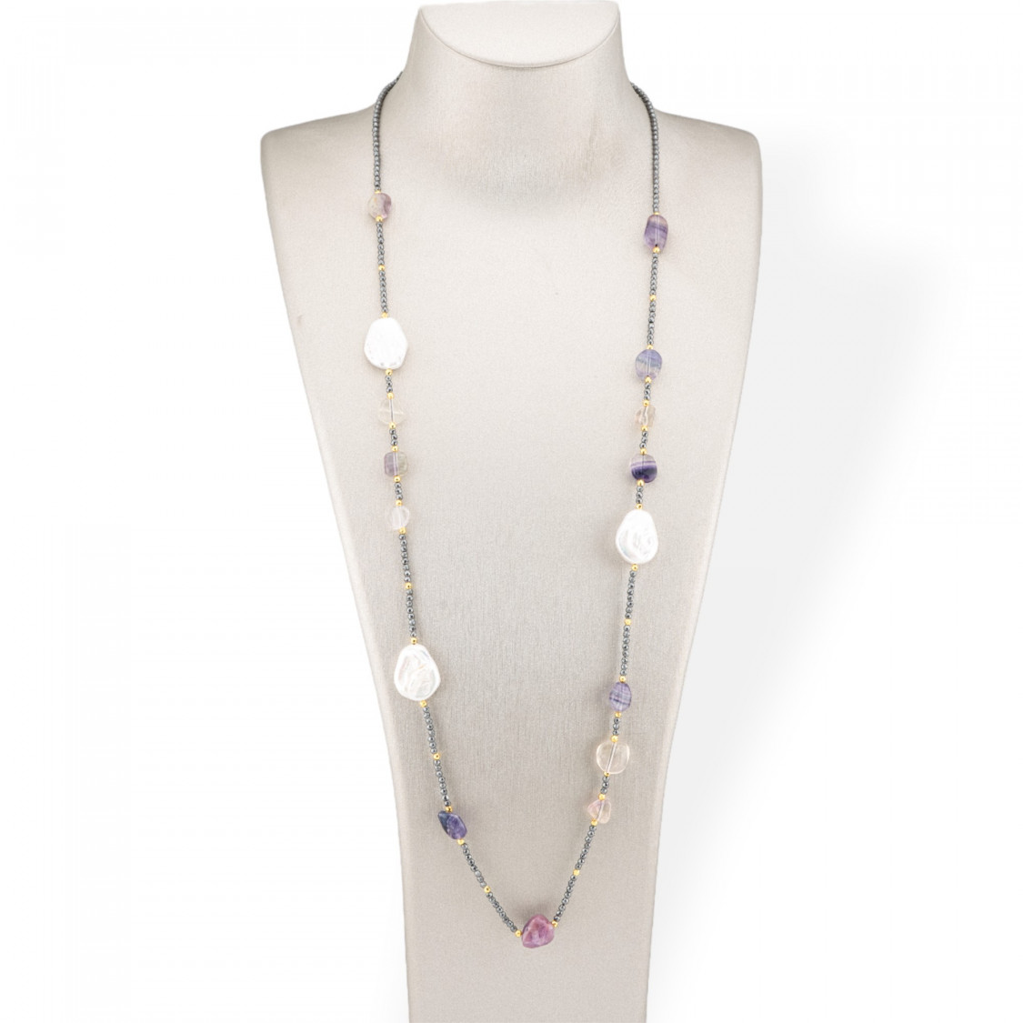 Collana Bijoux Charlestone Di Ematite Con Perle Di Fiume Barocche Piatte E Pietre Dure 90cm Fluorite-DESIGN ITALY | Worldofjewel.com