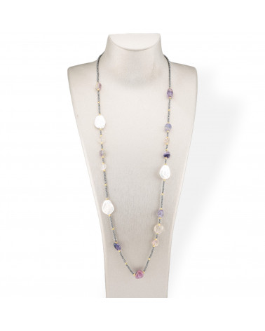 Collana Bijoux Charlestone Di Ematite Con Perle Di Fiume Barocche Piatte E Pietre Dure 90cm Fluorite-DESIGN ITALY | Worldofjewel.com