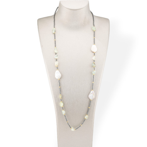 Charlestone Hematite Bijoux Necklace With Flat Baroque River Pearls And Precious Stones 90cm Prenite