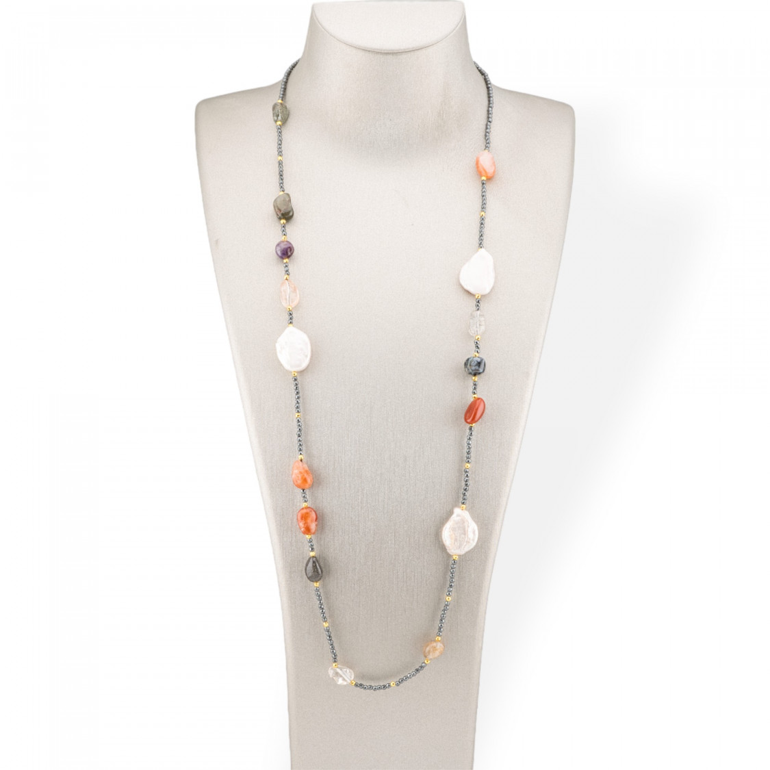 Collana Bijoux Charlestone Di Ematite Con Perle Di Fiume Barocche Piatte E Pietre Dure 90cm Quarzi Mix-DESIGN ITALY | Worldofjewel.com