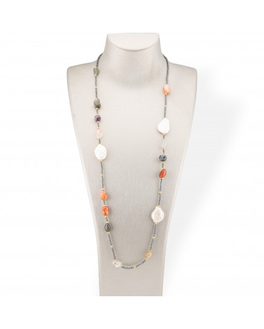 Collana Bijoux Charlestone Di Ematite Con Perle Di Fiume Barocche Piatte E Pietre Dure 90cm Quarzi Mix-DESIGN ITALY | Worldofjewel.com