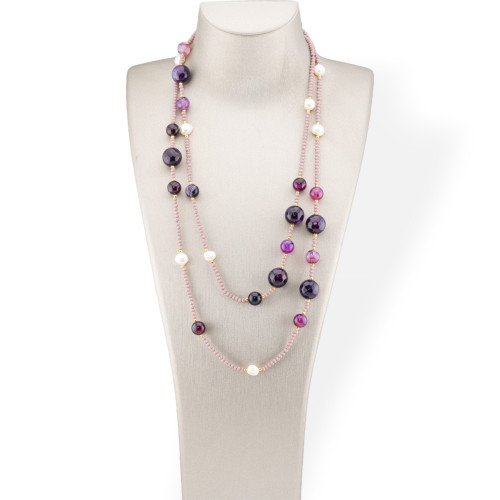 Bijoux Charleston Collier de Pierres Semi-précieuses, Perles de Rivière et Cristaux 120cm avec Fermoir Agate Violette