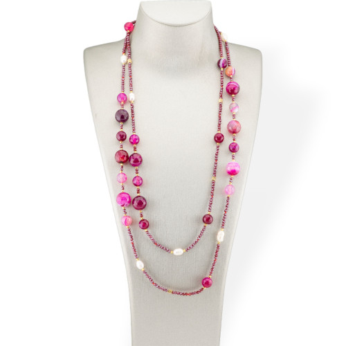 Bijoux Charleston Collier de Pierres Semi-précieuses, Perles de Rivière et Cristaux 160cm Agate Fuchsia