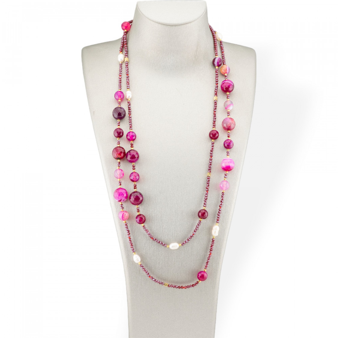 Collana Bijoux Charlestone Di Pietre Dure Perle Di Fiume E Cristalli 160cm Agata Fucsia-DESIGN ITALY | Worldofjewel.com