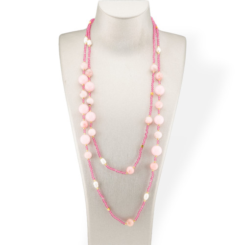 Bijoux Charleston Collier De Pierres Semi-précieuses, Perles De Rivière Et Cristaux 160cm Opale Rose