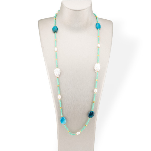 CZ Crystals Bijoux Necklace With Hard Stones And Baroque Pearls With Hematite 90cm Blue And Green Agate