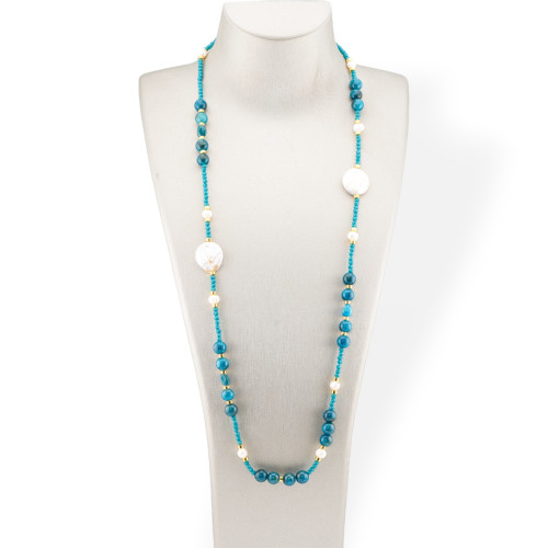 Bijoux Collar De Cristales CZ Con Piedras Semipreciosas, Perlas Barrocas Planas Y Hematites 90cm Azul