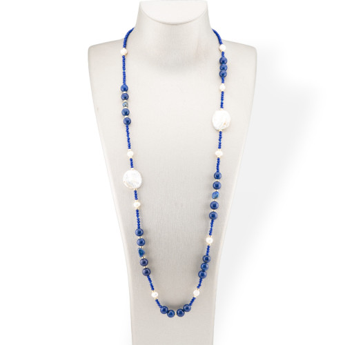 CZ Crystals Bijoux Necklace With Hard Stones, Flat Baroque Pearls And Hematite 90cm Blue Lapis