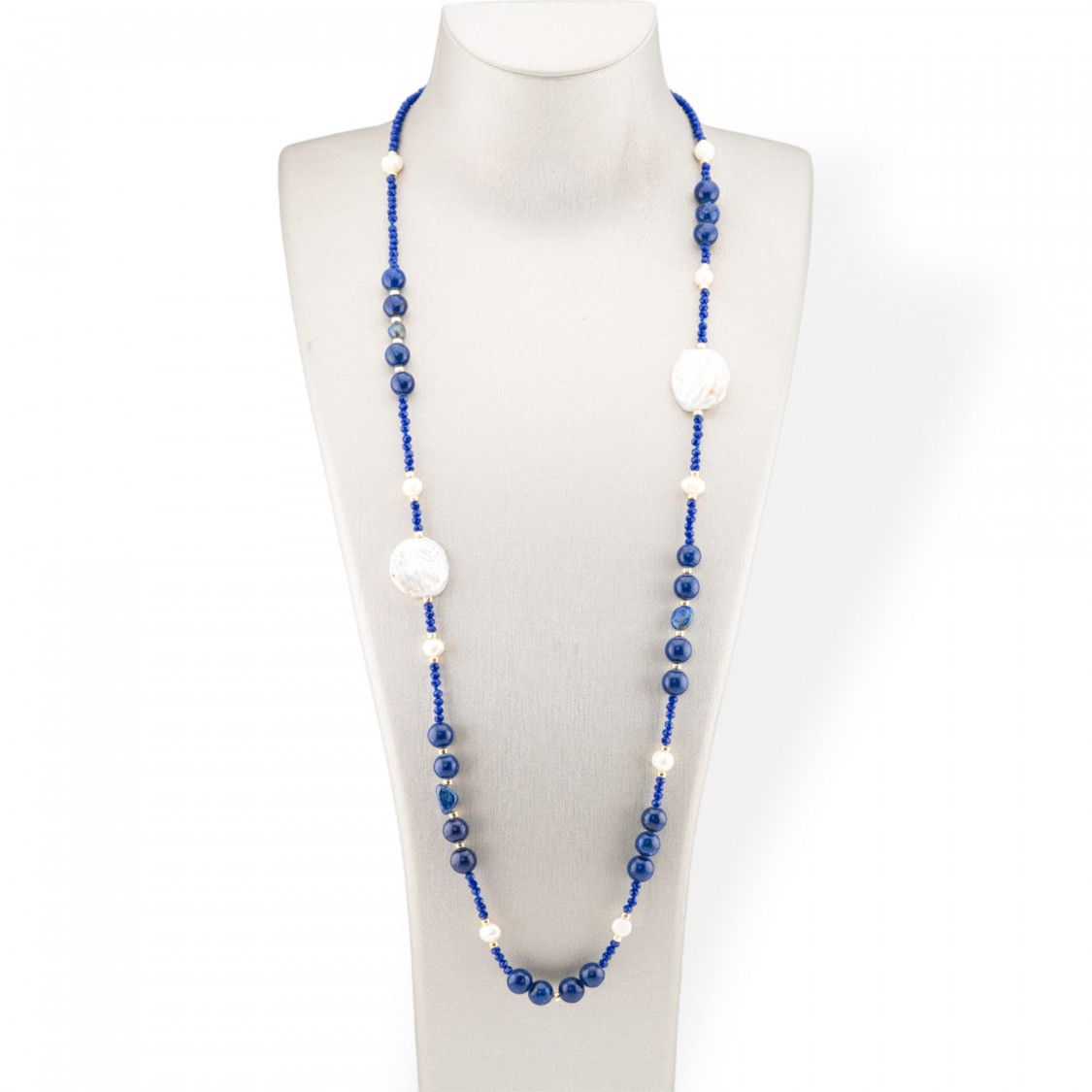 Collana Bijoux Di Cristalli CZ Con Pietre Dure, Perle Barocche Piatte E Ematite 90cm Blu Lapis-DESIGN ITALY | Worldofjewel.com