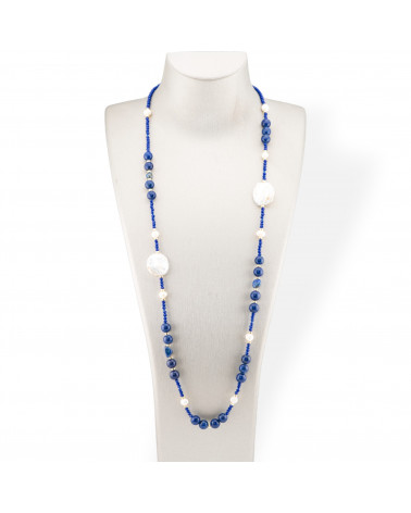 Collana Bijoux Di Cristalli CZ Con Pietre Dure, Perle Barocche Piatte E Ematite 90cm Blu Lapis-DESIGN ITALY | Worldofjewel.com