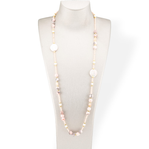 Bijoux Collier de cristaux CZ avec pierres semi-précieuses, perles plates baroques et hématite 90 cm opale rose