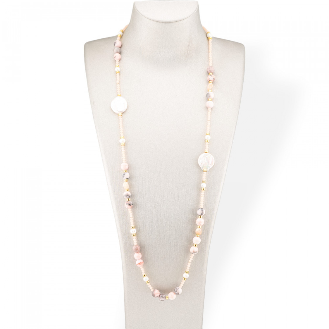 Collana Bijoux Di Cristalli CZ Con Pietre Dure, Perle Barocche Piatte E Ematite 90cm Opale Rosa-DESIGN ITALY | Worldofjewel.com