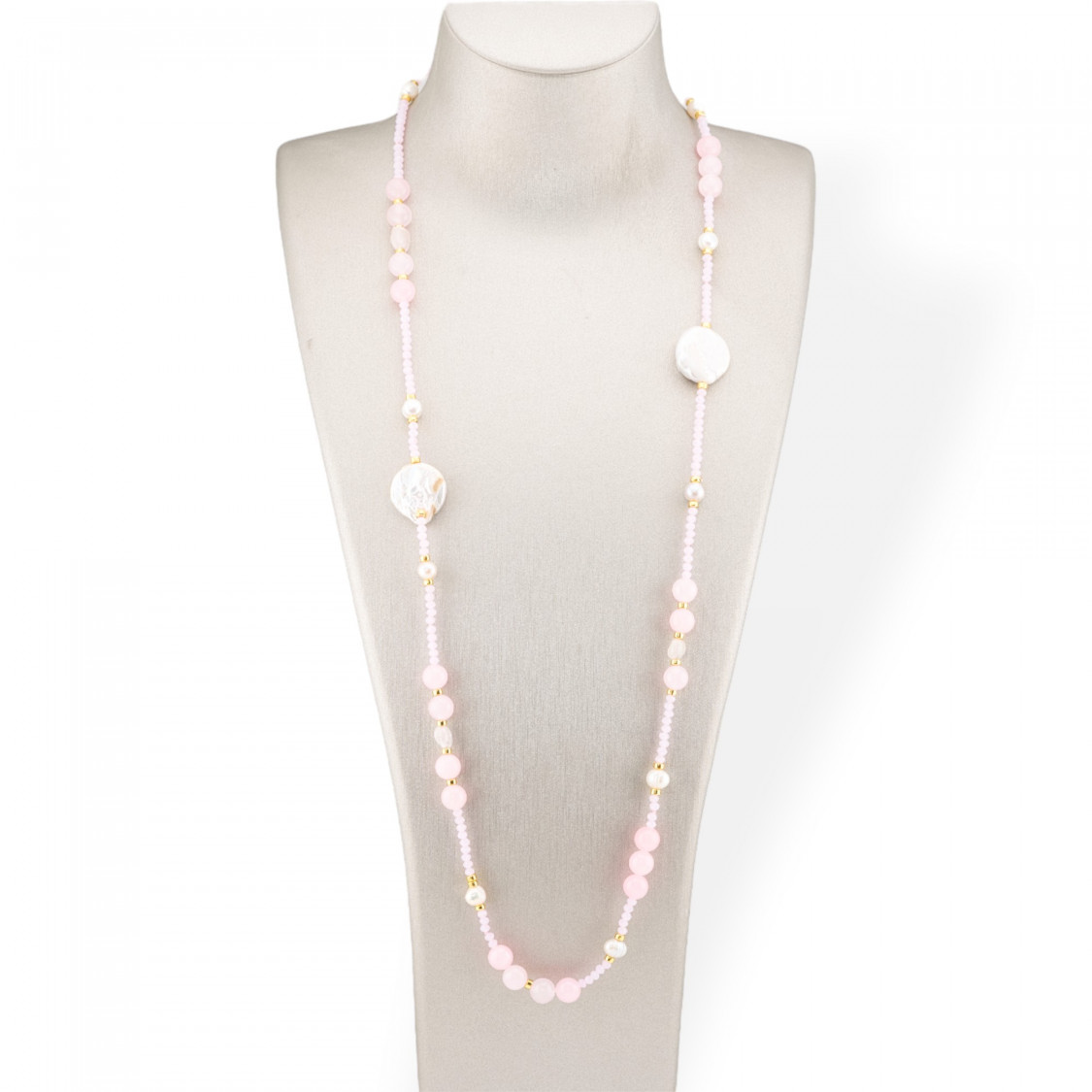 Collana Bijoux Di Cristalli CZ Con Pietre Dure, Perle Barocche Piatte E Ematite 90cm Rosa-DESIGN ITALY | Worldofjewel.com