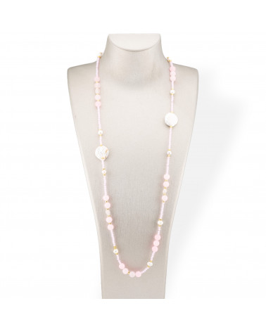 Collana Bijoux Di Cristalli CZ Con Pietre Dure, Perle Barocche Piatte E Ematite 90cm Rosa-DESIGN ITALY | Worldofjewel.com