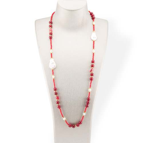 Bijoux Collier de cristaux CZ avec pierres semi-précieuses, perles plates baroques et hématite 90 cm rouge