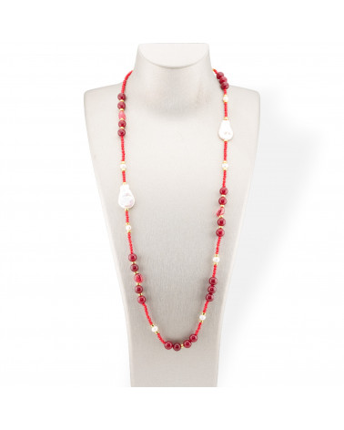 Collana Bijoux Di Cristalli CZ Con Pietre Dure, Perle Barocche Piatte E Ematite 90cm Rosso-DESIGN ITALY | Worldofjewel.com