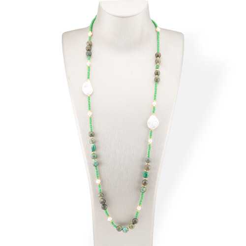 Bijoux Collar De Cristales CZ Con Piedras Semipreciosas, Perlas Barrocas Planas Y Hematites 90cm Verde