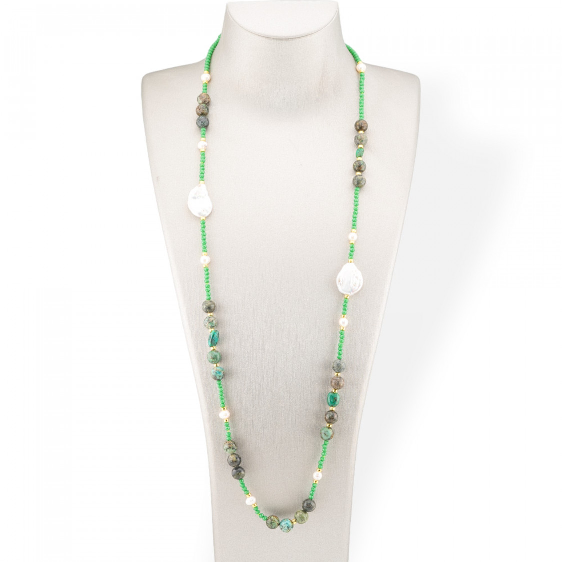 Collana Bijoux Di Cristalli CZ Con Pietre Dure, Perle Barocche Piatte E Ematite 90cm Verde-DESIGN ITALY | Worldofjewel.com