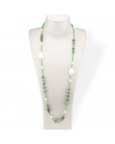 Collana Bijoux Di Cristalli CZ Con Pietre Dure, Perle Barocche Piatte E Ematite 90cm Verde-DESIGN ITALY | Worldofjewel.com