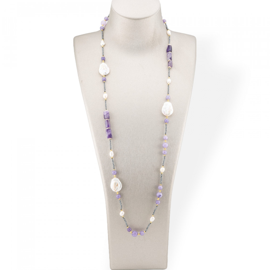 Collana Charlestone Di Pietre Dure, Perle E Ematite 90cm Ametista-DESIGN ITALY | Worldofjewel.com