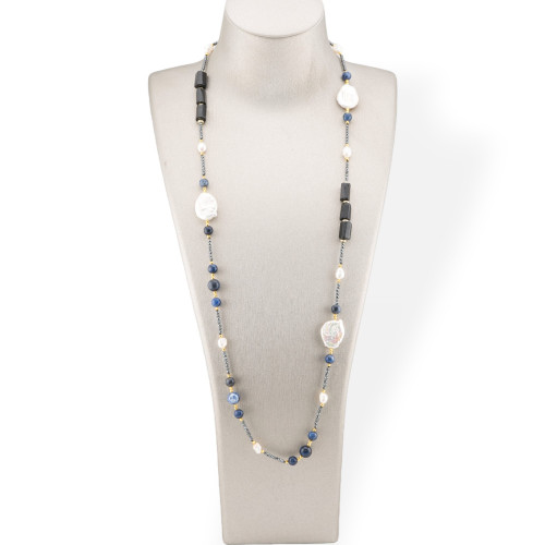 Collier Charleston de Pierres Semi-précieuses, Perles et Hématite 90cm Noir et Lapis