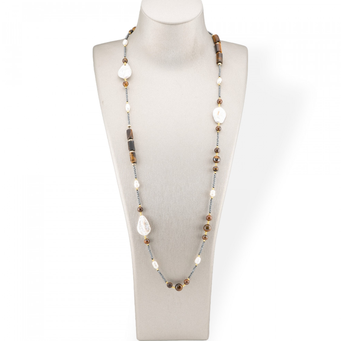 Collana Charlestone Di Pietre Dure, Perle E Ematite 90cm Occhio Di Tigre-DESIGN ITALY | Worldofjewel.com