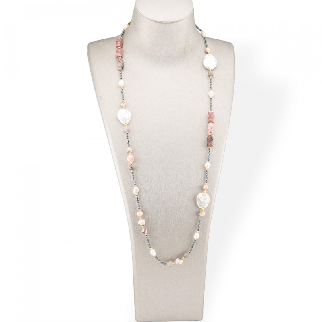 Collana Charlestone Di Pietre Dure, Perle E Ematite 90cm Opale Rosa-DESIGN ITALY | Worldofjewel.com