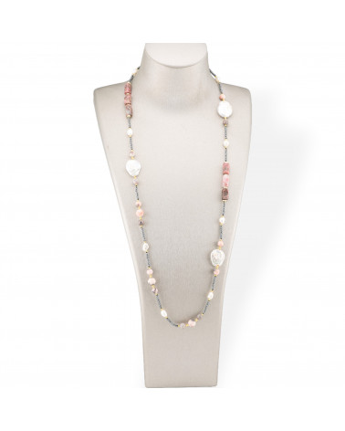 Collana Charlestone Di Pietre Dure, Perle E Ematite 90cm Opale Rosa-DESIGN ITALY | Worldofjewel.com