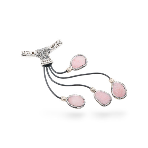 Pendant Component Faux Leather With Rhinestone Marcasite And Gemstone Cabochon 53x140mm 1pc Pink Jade