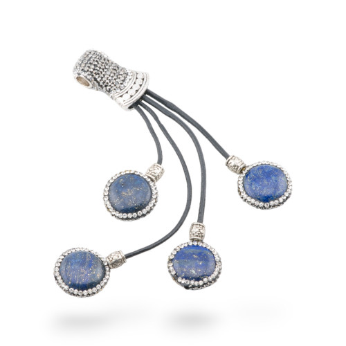 Pendant Component Faux Leather With Rhinestone Marcasite And Gemstones Cabochon 53x140mm 1pc Lapis