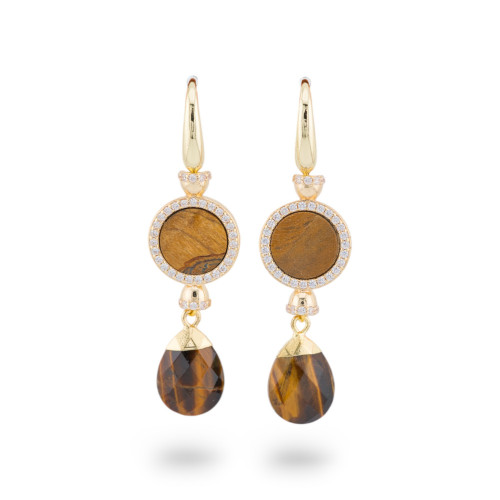 Boucles D'oreilles Dormeuses En Bronze Avec Pierres De Zircon Oeil De Tigre Doré