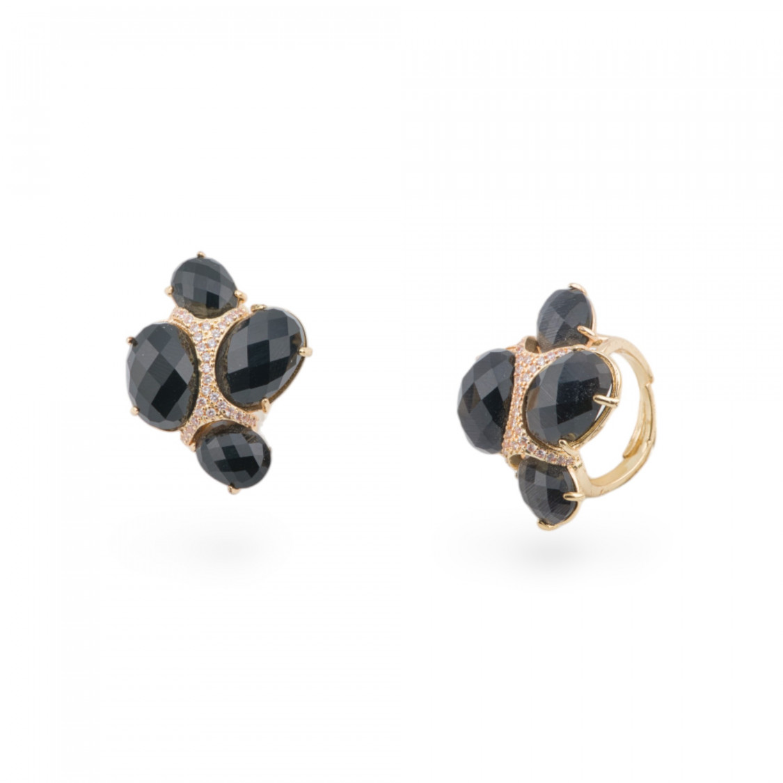 Anello Di Bronzo Con Occhio Di Gatto Con Zirconi Misura Regolabile Dorato Nero-ANELLI BRONZO E OCCHIO DI GATTO | Worldofjewel.com