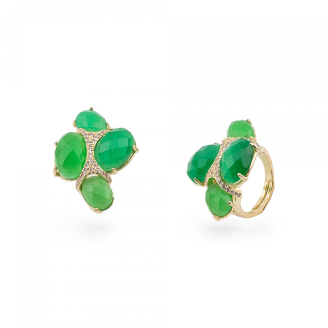 Anello Di Bronzo Con Occhio Di Gatto Con Zirconi Misura Regolabile Dorato Verde-ANELLI BRONZO E OCCHIO DI GATTO | Worldofjewel.com