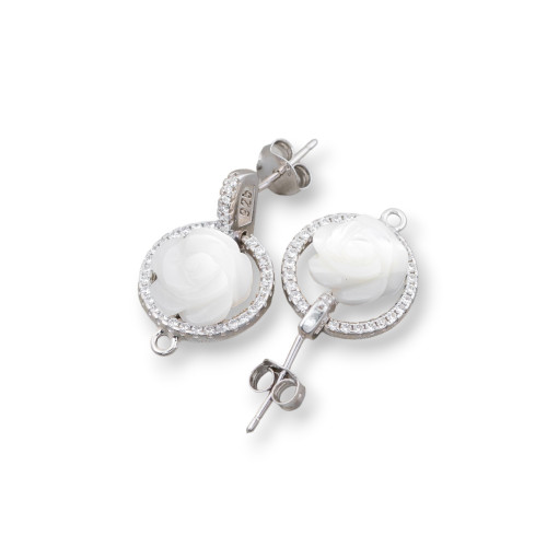 925 Silver Earring Base With Zirconia And Mother Of Pearl Flower Round Pin 13.5x22mm 1 Pair