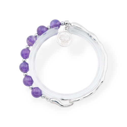 Gemstone Bracelets With Pendant And Rhodium-Plated Bronze Element Amethyst