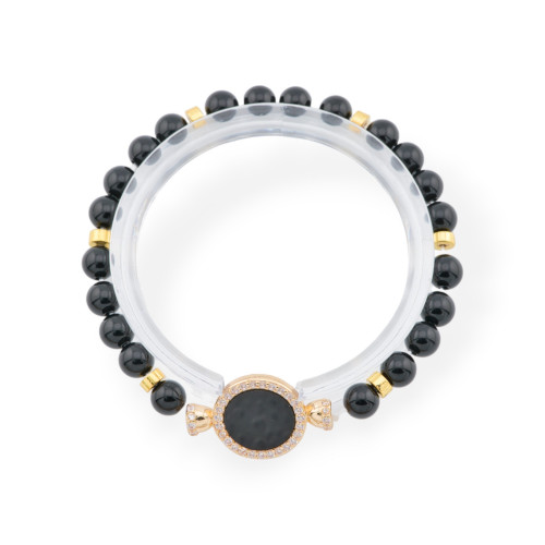 Bracelets extensibles en pierres semi-précieuses avec pendentif en bronze central avec pierres d'onyx doré